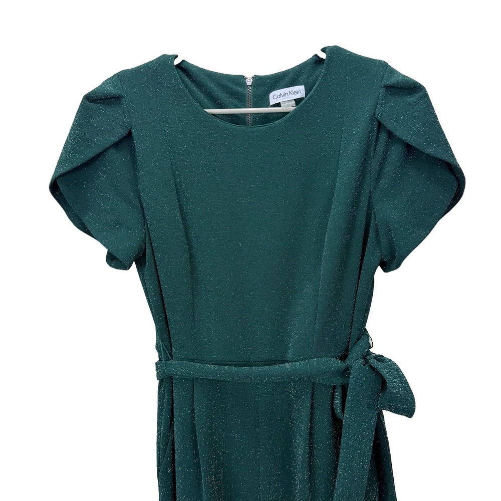 Calvin Klein Green Glitter Tulip Sleeve Belt Stretch Crop Jumpsuit Pockets 10 - Picture 4 of 11